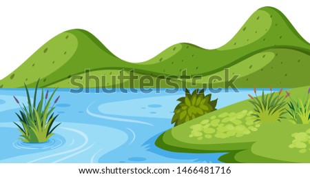 Landscape background with green mountain and river illustration