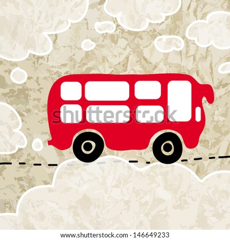 Red bus in the clouds. Vector art