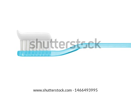 white toothpaste on blue toothbrush isolated isolated on white with clipping path Royalty-Free Stock Photo #1466493995