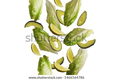 salad with lemon and avocado flying in the air with a white background Royalty-Free Stock Photo #1466564786