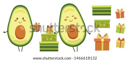 Clip art. Set of smiling avocado characters with colourful gifts for kids. Positive vector elements isolated on white. Icons with presents for holiday design. Logo, label, patch, sticker, card