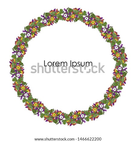 Round aquilegia frame. Violet, red yellow flowers green leaves hand drawn isolated flat design stock vector illustration for web, for print