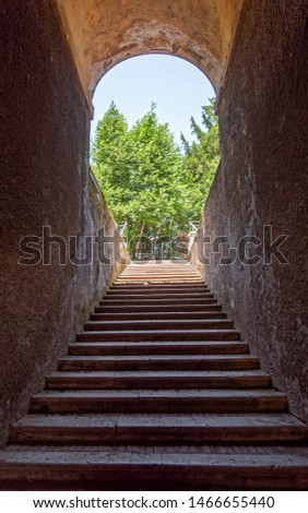 arched alley stairway to green trees under blue sky, Rome Italy