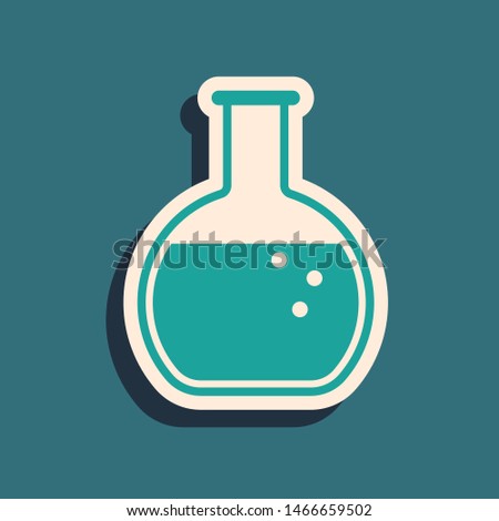 Green Test tube and flask - chemical laboratory test icon isolated on blue background. Long shadow style. Vector Illustration