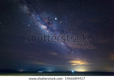 Starry night with Milky way at Kota Belud Sabah Malaysia. Image contain soft focus and blur due to wide aperture and long exposure. image also contain grains and noise due to high ISO.