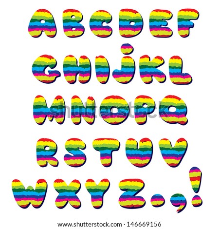 Paint brushed rainbow color ABC. Cartoon Vector Alphabet with All Letters 