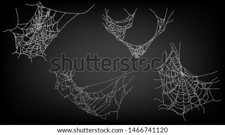 Collection of Cobweb, isolated on black background. Spider web elements horror halloween decor. Vector isolated. Helloween