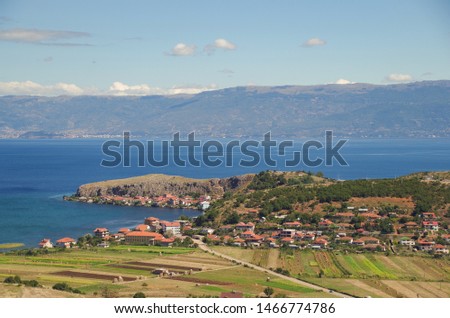 Village of Lin on the shores of Lake Ohrid. UNESCO World Heritage site. Nature and travel. Albania, Korce County, close to the border with Macedonia