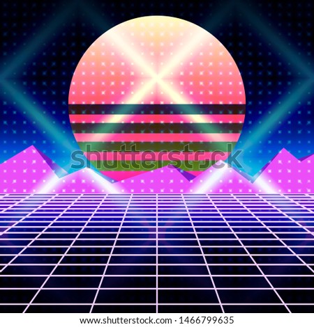 Neon Retro wave illustration. Cyberpunk background. 80s style. Banner, invitation, flyer, Futurism , advertising. Vector illustration of retro disco and dance. Digital retro cyber surface.