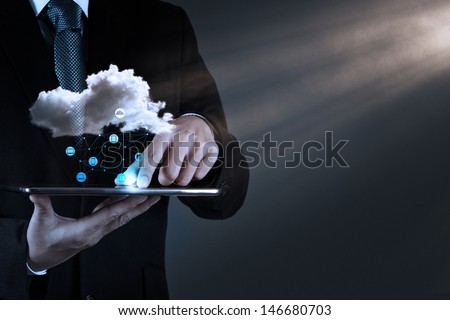 Businessman hand working with a Cloud Computing diagram on the new computer interface as concept Royalty-Free Stock Photo #146680703