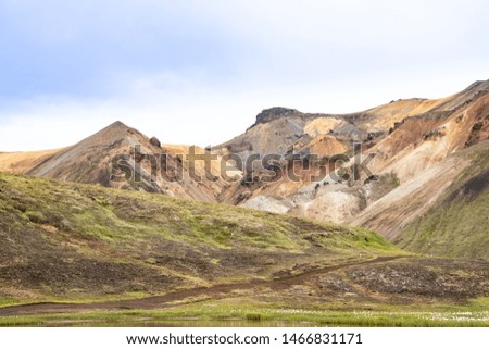 Landmannalaugar beautiful scenic nature landscape. Various volcanic minerals and lava formations covered with lichens. Colorful mountains in Iceland