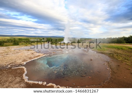 Golden Circle, Iceland, Strokkur geysir eruption. Fountain geyser located in a geothermal area beside the Hvítá River. It is one of Iceland's most famous geysers