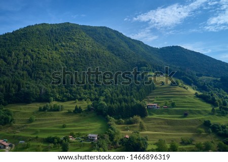 Aerial photography. Panoramic view of the Alps north of Italy. Trento Region, San Lorenzo Dorsino.