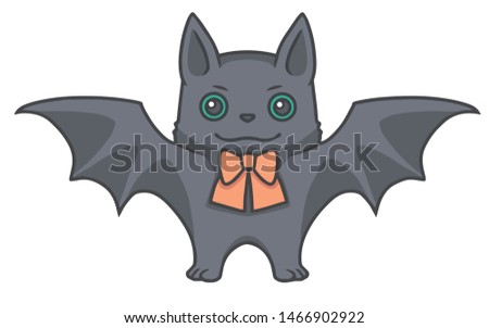Cartoon style vector illustration of a smiling black Halloween bat with orange bow around neck, cute design for children