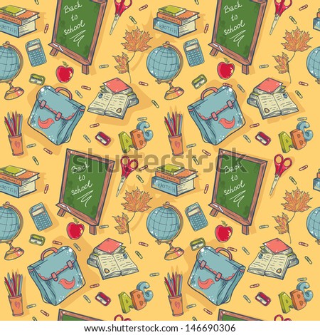 Back to school seamless pattern with various study items in cartoon hand drawn style