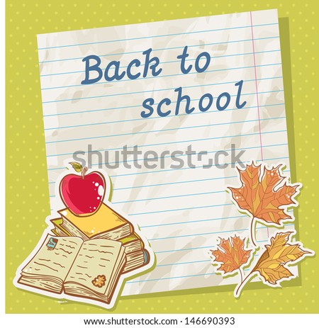 Back to school card on paper sheet with various study items in cartoon hand drawn style