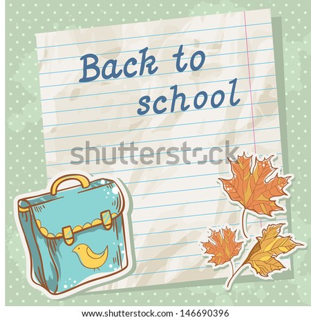 Back to school card on paper sheet with various study items in cartoon hand drawn style