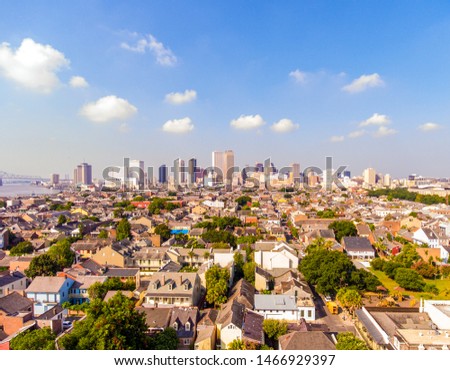 The Downtown New Orleans, Louisiana skyline on a hot July day