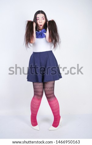 scared girl in school anime uniform on white background