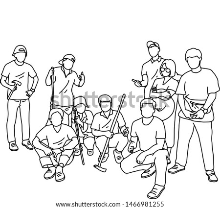 nine people in group holding tools vector illustration sketch doodle hand drawn with black lines isolated on white background