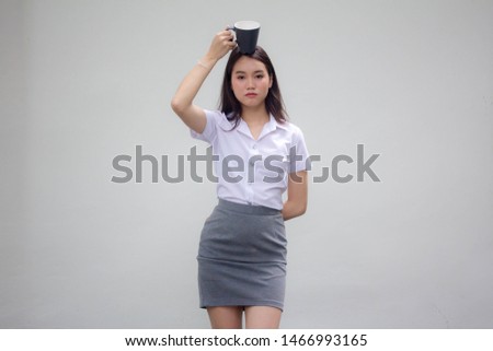 portrait of thai china adult office girl white shirt drinking coffee