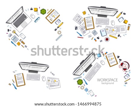Office desks workspaces top view with PC and laptops  and diverse stationery objects for work, overhead look. All elements are easy to use separately or recompose the illustrations. Vector set.