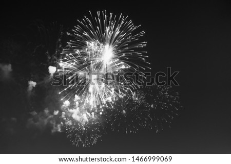 Large multi-colored fireworks on the Day of the Russian Navy - black and white