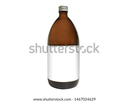 Brown glass bottles, white labeling for transparent medicine, chemicals, on a white background