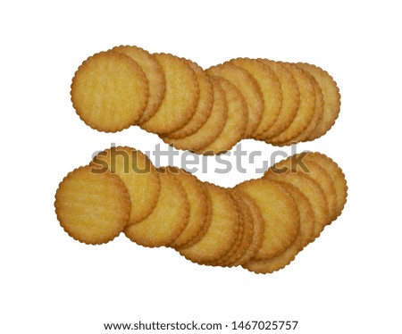 Photo for developers.Picture of the background cut-out only do not adjust the light and colour process.Crackers  light yellow circles stacked together two rows.Isolated on white background.Top views.