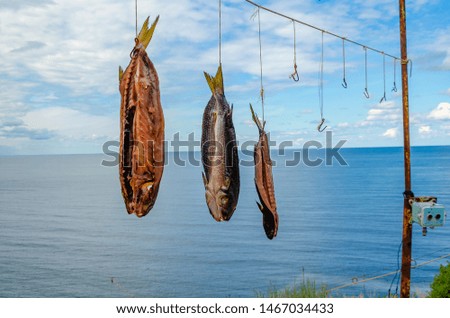Dried fish on hooks on the background of the sea
