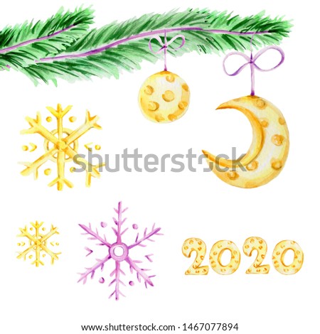 Watercolor hand draw illustration with two creativity yellow and purple  snowflakes and cheese balls on  the christmas tree and numbers 2020; children illustration; with white isolated background