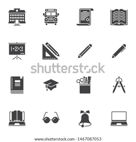 School equipment vector icons set, modern solid symbol collection, filled style pictogram pack. Signs, logo illustration. Set includes icons as school building, book, ruler, pen pencil, glasses, bus