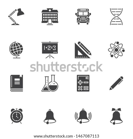School accessory vector icons set, modern solid symbol collection, filled style pictogram pack. Signs, logo illustration. Set includes icons as school bus, reading lamp, alarm clock, book, chemistry
