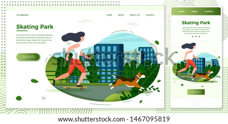 Vector cross platform illustration set, browser and mobile phone - girl with dog skating in city park. Town, trees and hills on green background. Banner, site, poster template with place for your text