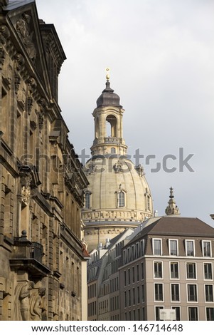 Picture shows the Frauenkirche at Dresden, with skyline around the church