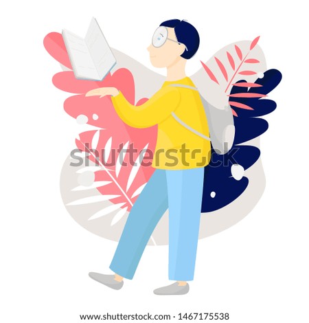 Little cute boy reading a book. The student has a textbook in his hand. Fashionable vector illustration in flat style
