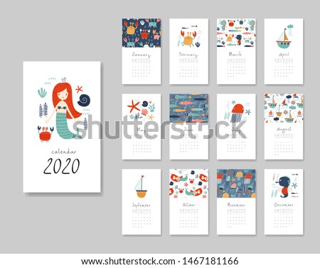 Calendar 2020. Templates with mermaid theme design. Vector illustration. Pink, blue and green colors.
