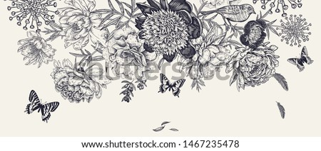 Garland of luxurious blooming peonies. Flowers, butterflies and birds. Background colors kraft paper and black engraving. Vintage botanical illustration. Wedding floral decoration. Antique engraving. Royalty-Free Stock Photo #1467235478
