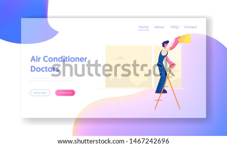 Handy Man Fixing Broken Conditioner, Worker Set Up Climate Control Device, Repair Service, Electrician, Call Master at Work. Website Landing Page, Web Page. Cartoon Flat Vector Illustration, Banner