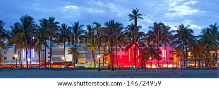 Miami Beach, Florida  hotels and restaurants at sunset on Ocean Drive, world famous destination for it's nightlife, beautiful weather, Art Deco architecture and pristine beaches