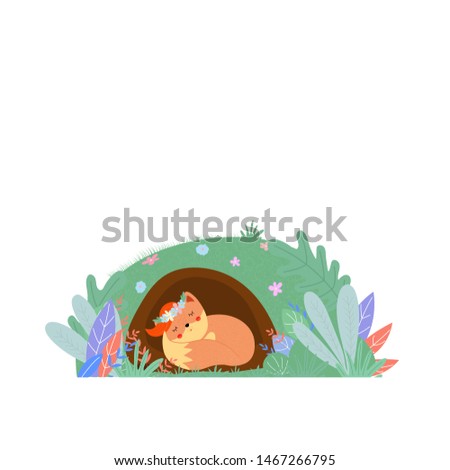 Cute fox in Flower wreath sleep in foxhole isolated on white background, woodland sweet animal kids design, baby girl print. Cartoon flat  hand drawn illustration, scandinavian style, clip art