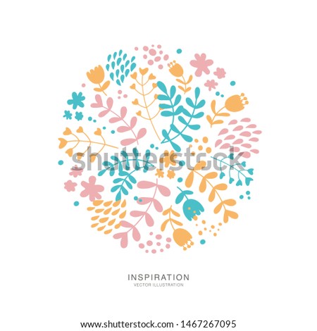 Hand drawn flat flowers, leaves, drops. Floral clip art. Round composition for poster, print, postcard, greeting card, invitation, promotional materials. Colorful EPS10 vector illustration.