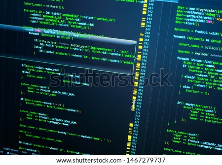 PHP code on the screen, extreme close up. Green php coding on dark blue background