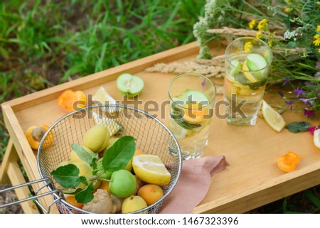 Summer lemonade with lemon, lime, ginger mint, with wild flowers, apricot on the table. Cooling drinks