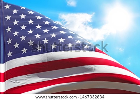 usa american flag isolated on blue cloud sky background side view of natural color of united states of america national symbol waving sign for patriotic day landscape photo wallpaper