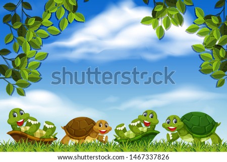 Turtles in park scene illustration