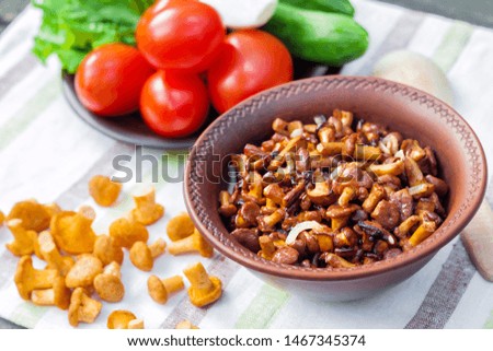 Fried wild forest mushrooms chanterelles with onion in rustic bowl and plate with fresh vegetables for salad on background