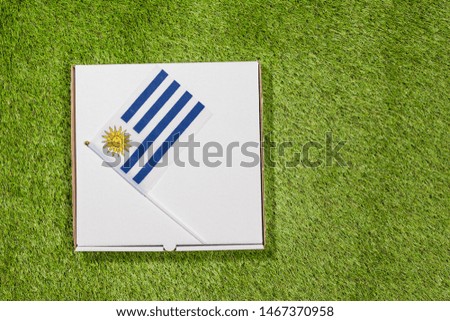 Paper box of pizza with Flag of Uruguay on the grass. Concept. Top view
