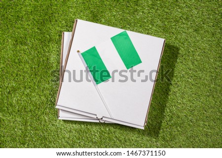 Paper box of pizza with Nigeria Flag on the grass. Concept. Top view