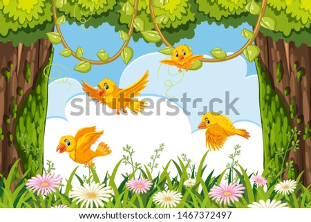 Yellow birds in jungle scene illustration
